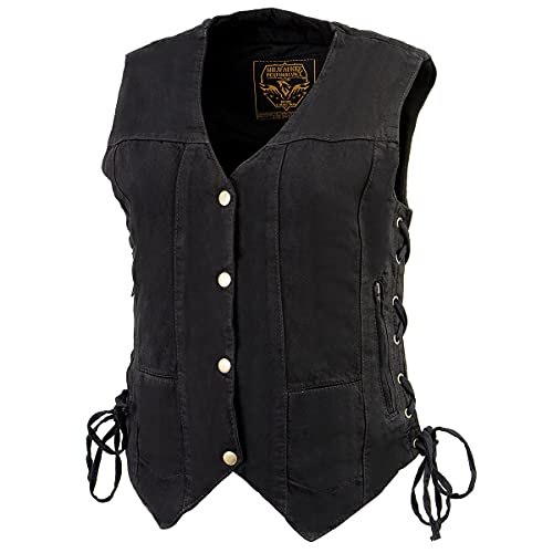 Milwaukee Leather MDL4020 Women's Classic Black ‘6 Pocket’ Side Lace Denim Vest - Medium