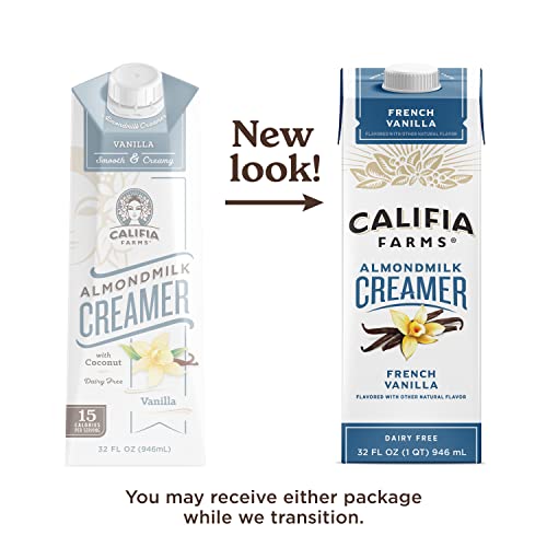 Califia Farms - French Vanilla Almond Milk Coffee Creamer, 32 Oz (Pack of 6), Shelf Stable, Dairy Free, Plant Based, Vegan, Gluten Free, Non GMO, Almond Creamer