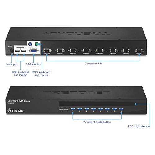 TRENDnet 8-Port USB/PS2 Rack Mount KVM Switch, TK-803R, VGA and USB Connection, Supports USB and PS/2 Connections, Device Monitoring, Auto Scan, Audible Feedback, Control up to 8 Computers/Servers