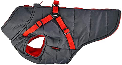 Puppia Mountaineer Winter Dog Coat with Integrated Harness No Pull Cold Weather Waterproof Warm Fleece Back Zipper for Small and Medium Dog, Grey, Medium
