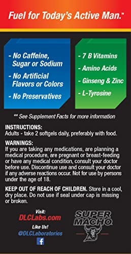Super Macho, High Potency B Vitamins and Amino Acids, Fuel for Today's Active Men, No Caffeine, No Sugar, Dietary Supplement, Made in USA ,50 Softgels