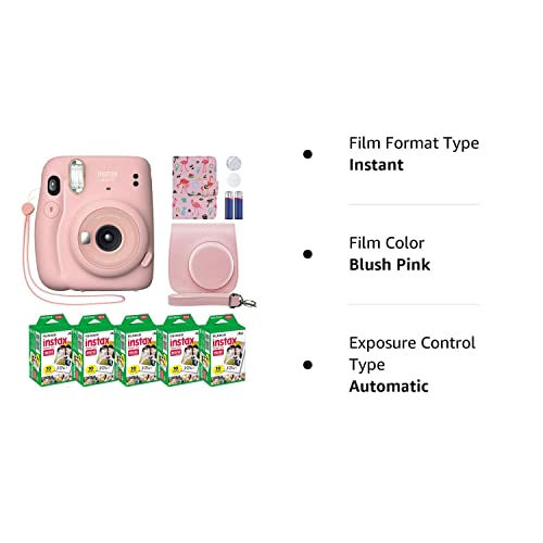 Fujifilm Instax Mini 11 Instant Camera Blush Pink + Custom Case + Fuji Instax Film Value Pack (50 Sheets) Flamingo Designer Photo Album for Fuji instax Mini 11 Photos