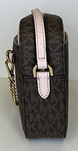 Michael Kors Jet Set Large Chain Crossbody Bag bundled with with SM TZ Coinpouch Wallet and Purse Hook (Signature MK Brown/Powder Blush)