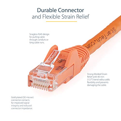 StarTech.com 10ft CAT6 Ethernet Cable - Orange CAT 6 Gigabit Ethernet Wire -650MHz 100W PoE RJ45 UTP Network/Patch Cord Snagless w/Strain Relief Fluke Tested/Wiring is UL Certified/TIA (N6PATCH10OR)