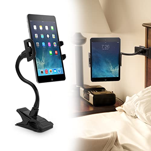 Macally Adjustable Gooseneck Tablet Holder and Phone Clip - Works with Phones and Tablets up to 8” - Flexible Phone Holder and Tablet Mount with Clip On Clamp for Desks up to 1.75” Thick (CLIPMOUNT),Black