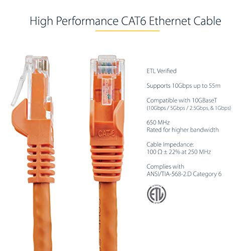 StarTech.com 10ft CAT6 Ethernet Cable - Orange CAT 6 Gigabit Ethernet Wire -650MHz 100W PoE RJ45 UTP Network/Patch Cord Snagless w/Strain Relief Fluke Tested/Wiring is UL Certified/TIA (N6PATCH10OR)