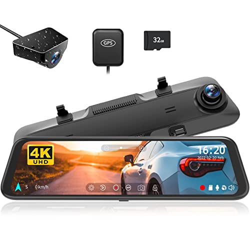 WOLFBOX G850 4K Mirror Dash Cam,12'' Mirror Dash Cam Front and Rear,1080P Rear View Mirror Camera,Dual Dash Camera for Cars with 64GB TF Card and GPS,Super Night Vision,Parking Monitoring