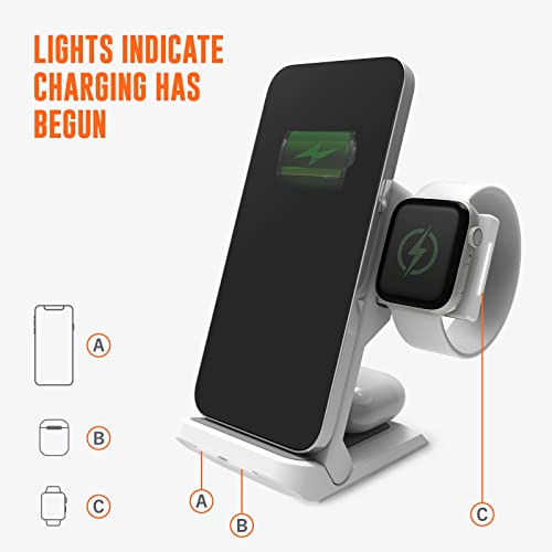 STM ChargeTree Go - Portable 3-in-1 Wireless Charging Station for iPhone/Samsung/Android (15W/7.5W), AirPods (5W), Apple Watch (3W) - Qi Certified Charging Stand - White (stm-931-322Z-01)