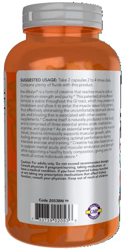 NOW Sports Nutrition, Kre-Alkalyn Creatine 750 mg, Mass Building*/Energy Production*, 240 Veg Capsules