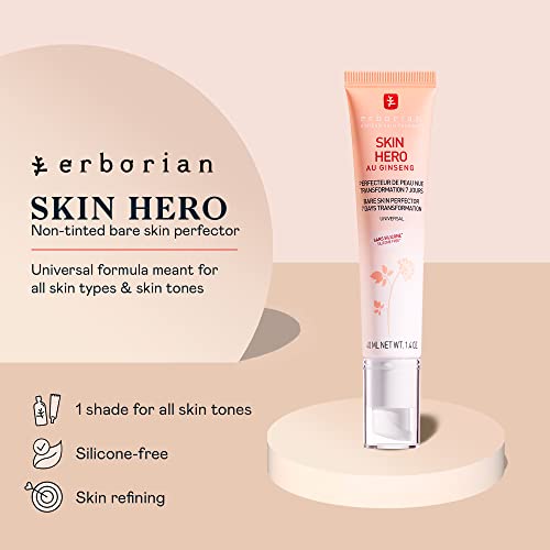 Erborian Skin Hero with White Ginseng, Facial Concealer and Makeup Primer - Non-Tinted Bare Skin Perfecting Face Moisturizer Smooths, Blurs and Illuminates Skin - Silicone Free Korean Skincare