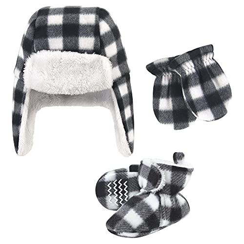 Hudson Baby Baby Trapper Hat, Mitten and Bootie Set, Black White Plaid, 12-18 Months
