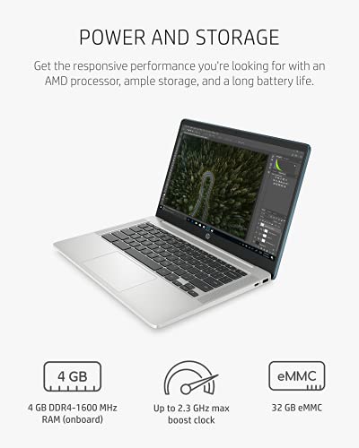 HP Chromebook 14a Laptop, AMD 3015Ce Processor, 4 GB RAM, 32 GB eMMC Storage, 14-inch HD Touchscreen, Google Chrome OS, Anti-glare Screen, Long-Battery Life (14a-nd0060nr, 2021, Forest Teal)