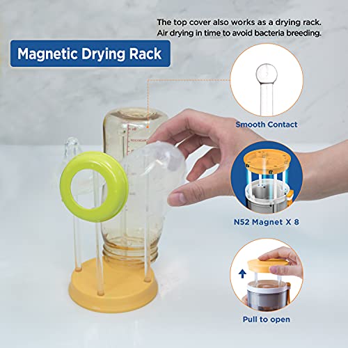 TechoEcho Travel Baby Bottle Brush Set with Extendable Liquid Silicone Bottle Brush，Nipple Brush，Built-in Bottle Drying Rack，Straw Cleaner Brush，Baby Bottle Soap Dispenser，Bottle Warmer (Yellow)
