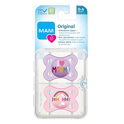 MAM Original Baby Pacifier, Nipple Shape Helps Promote Healthy Oral Development, Sterilizer Case,Love and Affection/Girl 0-6 Months (Pack of 2)