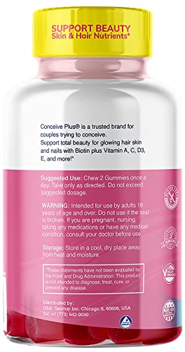 CONCEIVE PLUS Hair Skin and Nails Gummies - Extra-Strength Biotin, VIT A, C, D3, E Vitamins - Vegan, Hair Growth Supplement - Gelatin-Free - 60 Count
