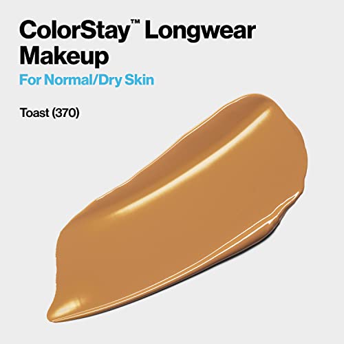 Liquid Foundation by Revlon, ColorStay Face Makeup for Normal and Dry Skin, SPF 20, Longwear Medium-Full Coverage with Natural Finish, Oil Free, 370 Toast, 1 Fl Oz