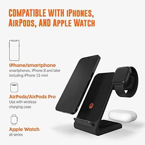 STM ChargeTree Swing - 3-in-1 Wireless Charging Station for iPhone/Samsung/Android (15W/7.5W), AirPods (5W), Apple Watch (3W) - Qi Certified Charging Stand - Black (stm-931-323Z-02)