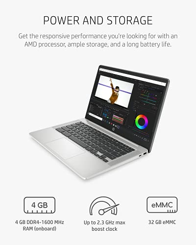 HP Chromebook 14a Laptop, AMD 3015Ce Processor, 4 GB RAM, 32 GB eMMC Storage, 14-inch HD Touchscreen, Google Chrome OS, Anti-glare Screen, Long-Battery Life (14a-nd0040nr, 2021, Mineral Silver)