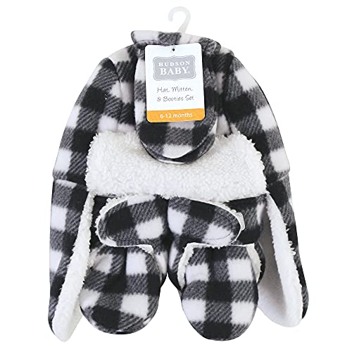 Hudson Baby Baby Trapper Hat, Mitten and Bootie Set, Black White Plaid, 6-12 Months