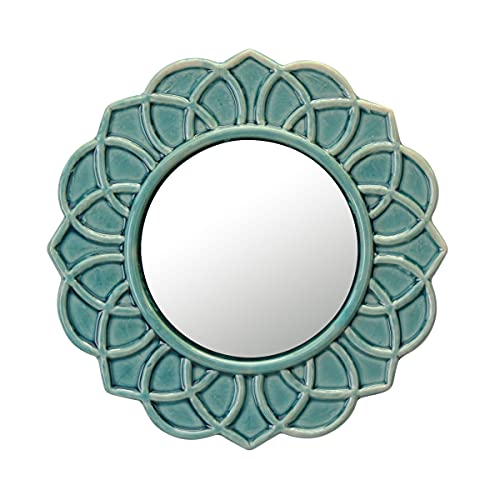 Stonebriar Decorative 9' Turquoise Round Floral Ceramic Accent Wall Mirror