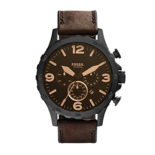 Fossil Men's Nate Quartz Stainless Steel and Leather Chronograph Watch, Color: Black, Dark Brown (Model: JR1487)