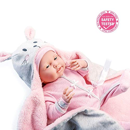 JC Toys - La Newborn Nursery | 8 Piece Bunting Soft Body Baby Doll Gift Set | 15.5' Life-Like Soft and Posable Newborn Doll with Accessories | Pink Bunny| Ages 2+ (18789)