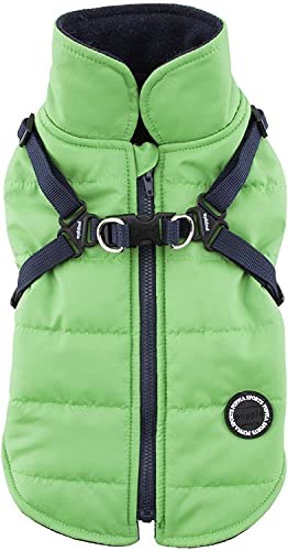 Puppia Mountaineer Winter Dog Coat with integrated harness No Pull Cold Weather Waterproof Warm Fleece Back Zipper for Small and Medium Dog, GREEN, Large