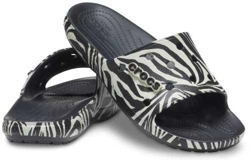Crocs Unisex Classic Graphic Slide Sandals, Black/Zebra Print, 12 US Women
