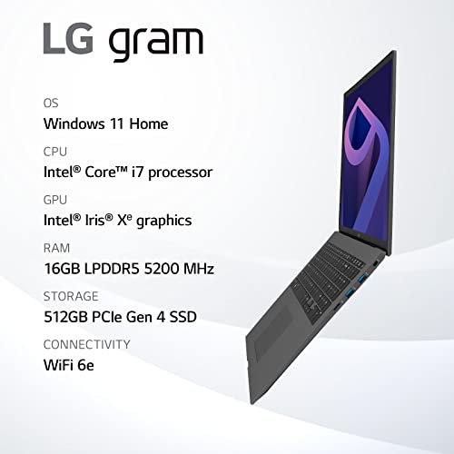 LG gram (2022) Laptop 15Z90Q 15.6' Touchscreen, Intel 12th Gen Core i7, 16GB RAM, 512GB SSD, Windows 11, Gray