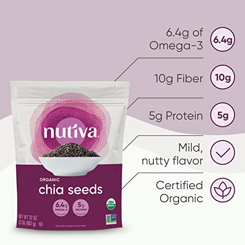 Nutiva USDA Organic Premium Nutrient-Dense Raw Black Chia Seeds with 3g Protein and 5g Fiber for Salads, Yogurt and Smoothies, Non-GMO, Vegan, Gluten-Free, Keto and Paleo, 32 Ounce (Pack of 1)