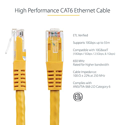 StarTech.com 20ft CAT6 Ethernet Cable - Yellow CAT 6 Gigabit Ethernet Wire -650MHz 100W PoE++ RJ45 UTP Molded Category 6 Network/Patch Cord w/Strain Relief/Fluke Tested UL/TIA Certified (C6PATCH20YL)