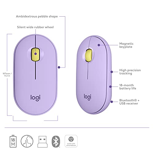 Logitech Pebble Wireless Mouse with Bluetooth or 2.4 GHz Receiver, Silent, Slim Computer Mouse with Quiet Clicks, for Laptop/Notebook/iPad/PC/Mac/Chromebook - Lavender Lemonade