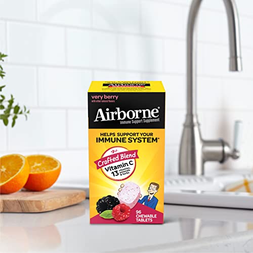 Airborne 1000mg Vitamin C Chewable Tablets with Zinc, Immune Support Supplement with Powerful Antioxidants Vitamins A C and E - 96 Chewable Tablets, Very Berry Flavor