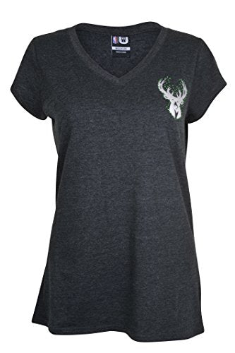Ultra Game NBA Milwaukee Bucks Womens V-Neck Rhinestone Short Sleeve Tee Shirt, Charcoal Heather, X-Large