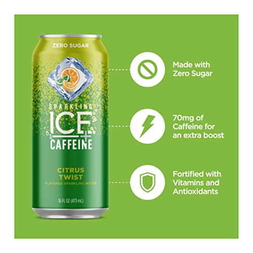 Sparkling Ice +Caffeine, Citrus Twist Flavored Sparkling Water with Caffeine, Zero Sugar, with Vitamins and Antioxidants, Low Calorie Beverage, 16 fl oz Cans (Pack of 12)