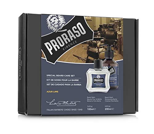 Proraso Beard Care Kit for Men | Beard Wash and Beard Balm to Cleanse, Soften and Reduce Itch for New or Short Beards | Azur Lime