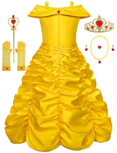 knemmy Princess Dress Up Clothes Halloween Beauty and Beast Costume for Girl Cosplay Birthday Outfit Yellow (yellow, 3T(100))