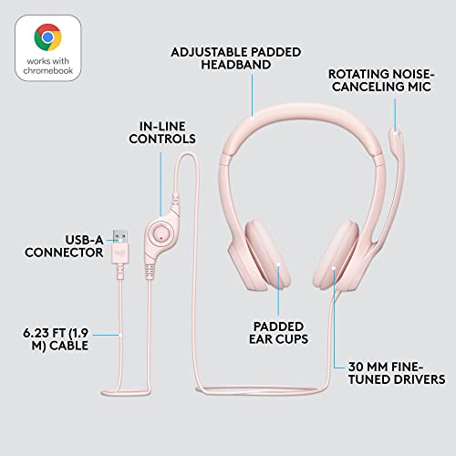 Logitech H390 Wired Headset for PC/Laptop, Stereo Headphones with Noise Cancelling Microphone, USB-A, in-Line Controls, Works with Chromebook - Rose