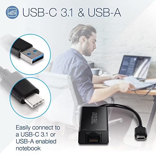 TRENDnet 2.5G USB-C to RJ-45 Ethernet Adapter, 2-in-1 Adapter Compatible with USB C/Thunderbolt 3 or USB 3.1, Windows Compatible, USB-C to USB-A Adapter Included, Black, TUC-ET2G