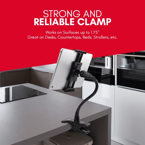 Macally Adjustable Gooseneck Tablet Holder and Phone Clip - Works with Phones and Tablets up to 8” - Flexible Phone Holder and Tablet Mount with Clip On Clamp for Desks up to 1.75” Thick (CLIPMOUNT),Black