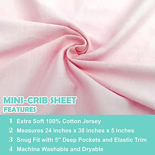 TL Care 100% Natural Cotton Value Jersey Knit Fitted Portable/Mini-Crib Sheet, Pink, Soft Breathable, for Girls, 24' x 38'
