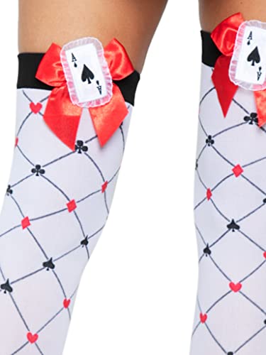 Leg Avenue Women's Woven Diamond Card Suit Thighs Highs, White/Red/Black, One Size