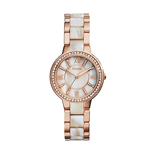 Fossil Women's Virginia Quartz Stainless Steel and Acetate Three-Hand Watch, Color: Rose Gold/White Horn (Model: ES3716)