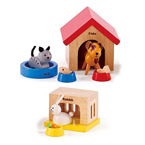 Family Pets Wooden Dollhouse Animal Set by Hape | Complete Your Wooden Dolls House with Happy Dog, Cat, Bunny Pet Set with Complimentary Houses and Food Bowls