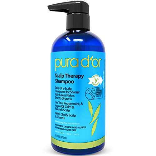 PURA D'OR Scalp Therapy Shampoo (16oz) Hydrates and Nourishes Scalp - Scalp Care Shampoo For Itchy Flaky Scalp w/Tea Tree, Peppermint, Patchouli, Cedarwood, Clary Sage, Argan Oil (Packaging may vary)