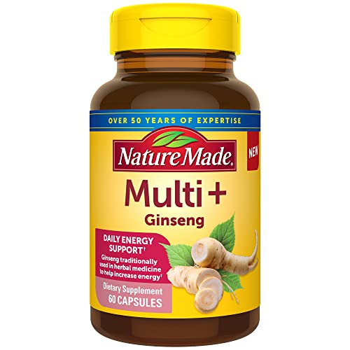 Nature Made Multi + Ginseng, Multivitamin for Women and Men, Daily Energy Multivitamin for Men and Women, One Per Day Men and Womens Vitamins, 60 Capsules