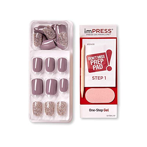 KISS imPRESS Press-On Manicure, Nail Kit, PureFit Technology, Short Press-On Nails, Square, Flawless, Includes Prep Pad, Mini File, Cuticle Stick, and 30 Fake Nails