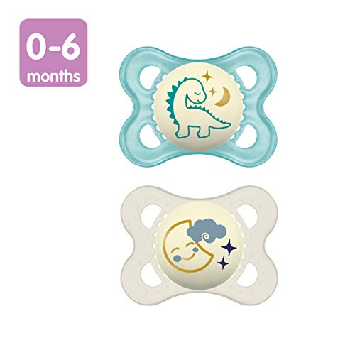 MAM Night Pacifiers 0-6 Months, Best for Breastfed Babies, Glow in the Dark, Baby Boy, 2 Count