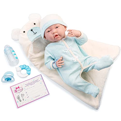JC Toys - La Newborn Nursery | 8 Piece Bunting Soft Body Baby Doll Gift Set | 15.5' Life-Like Soft and Posable Newborn Doll with Accessories | Blue Bear| Light Blue | Ages 2+ (18790)