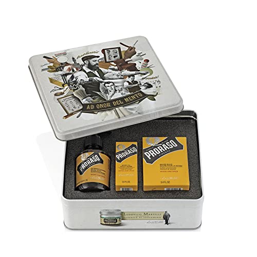 Proraso Beard Care Kit for Men | Wood and Spice Beard Wash, Oil and Balm Gift Set to Cleanse, Soothe and Soften All Beard Lengths and Skin Types